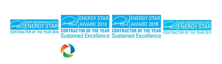 Award logos showcasing ENERGY STAR and Contractor of the Year recognitions for multiple years.